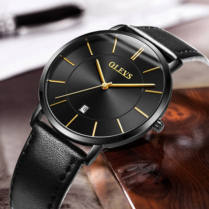 Men Luxury Brand Leather Waterproof Auto Date Quartz Watch - Drazelle Store