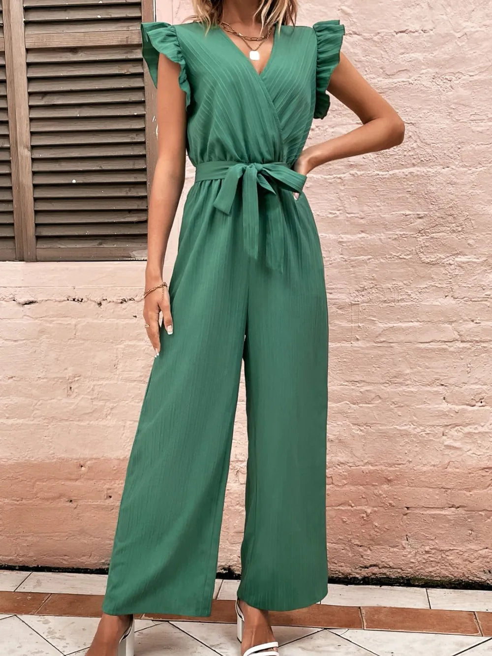 Ruffled Surplice Cap Sleeve Jumpsuit - Drazelle Store