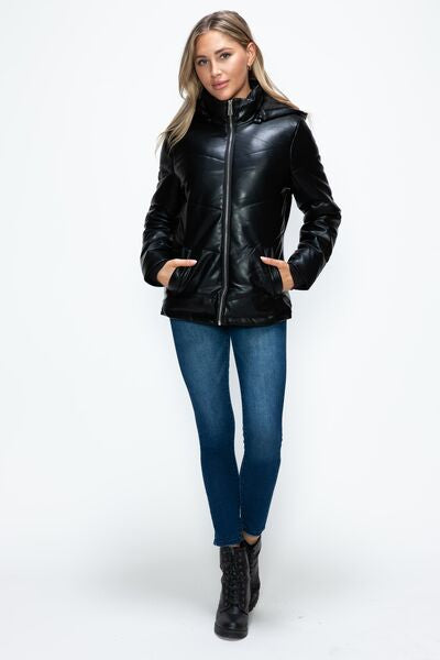 Pocketed Zip Up Puffer Jacket with Removable Hood - Drazelle Store