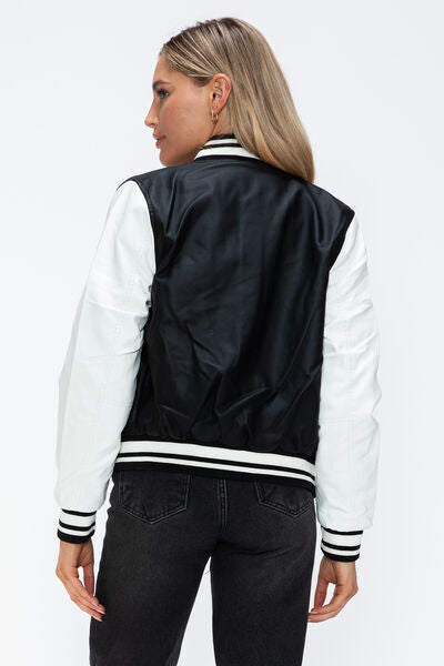 PU Leather Contrast Snap Down Bomber Jacket - Drazelle Store