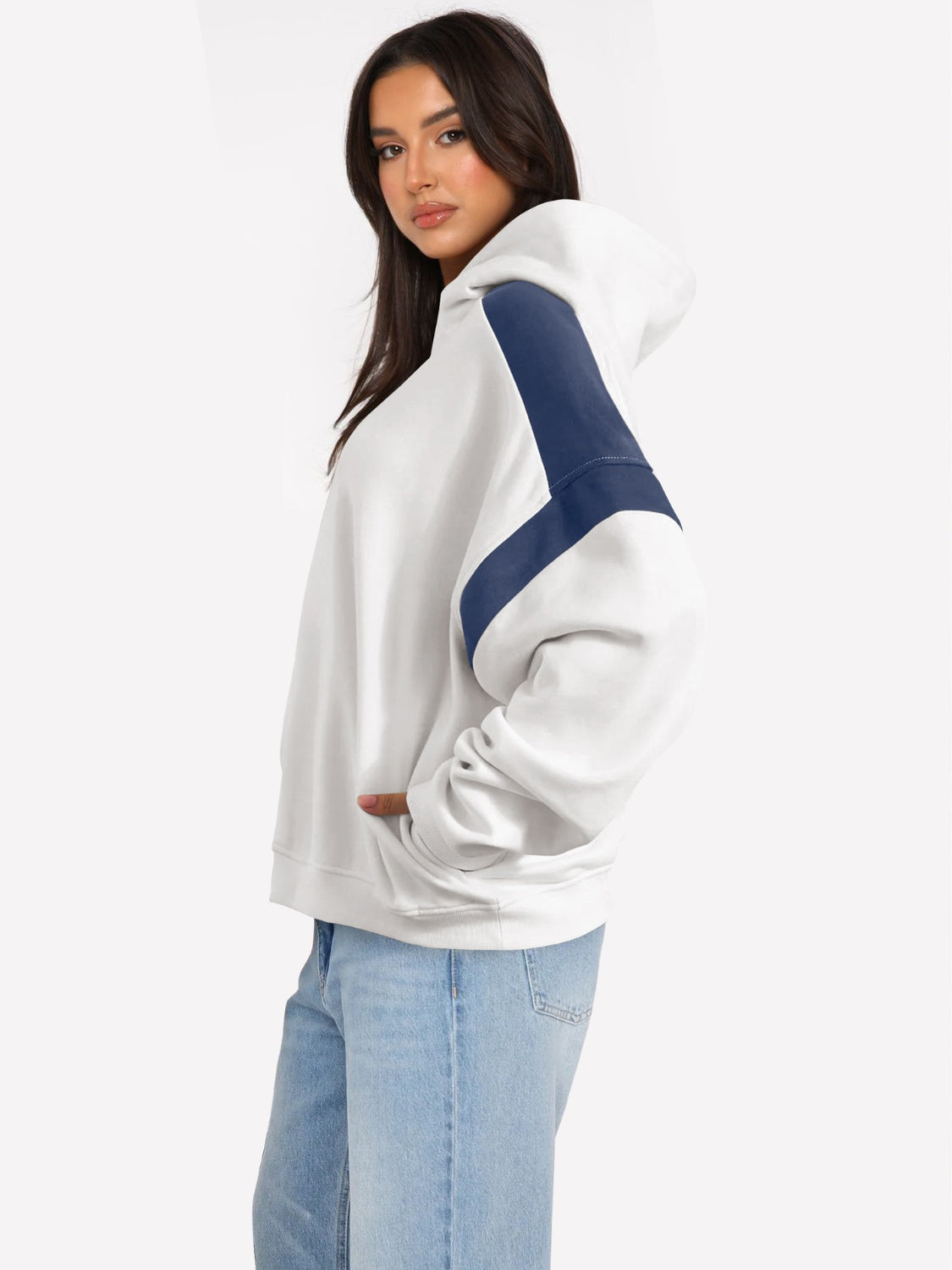 Contrast Dropped Shoulder Long Sleeve Hoodie - Drazelle Store