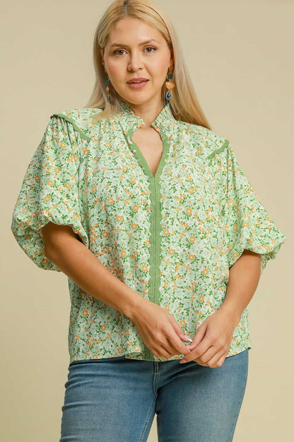 Floral Print Puff Sleeve Top - Drazelle Store