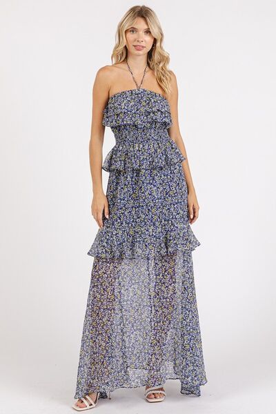 Mittoshop Ruffled Smocked Floral Halter Neck Maxi Dress - Drazelle Store