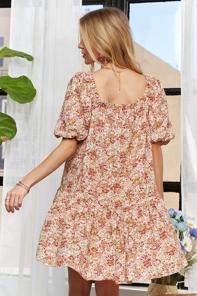 ADORA Floral Square Neck Puff Sleeve Dress - Drazelle Store