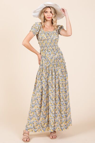 Mittoshop Flower Print Puff Sleeve Gathered Maxi Dress - Drazelle Store