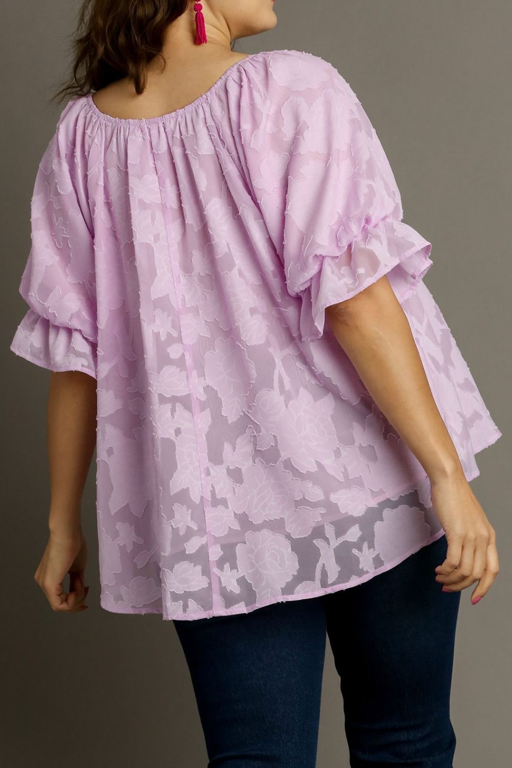 Jacquard Round Neck Ruffled Puff Sleeve Blouse - Drazelle Store