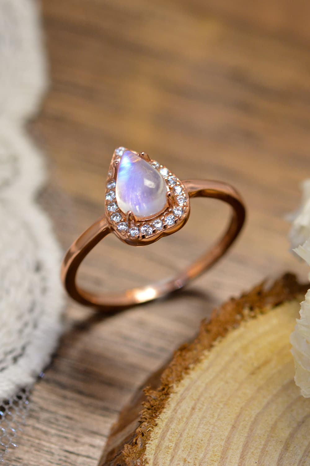 Moonstone Teardrop 925 Sterling Silver Halo Ring - Drazelle Store