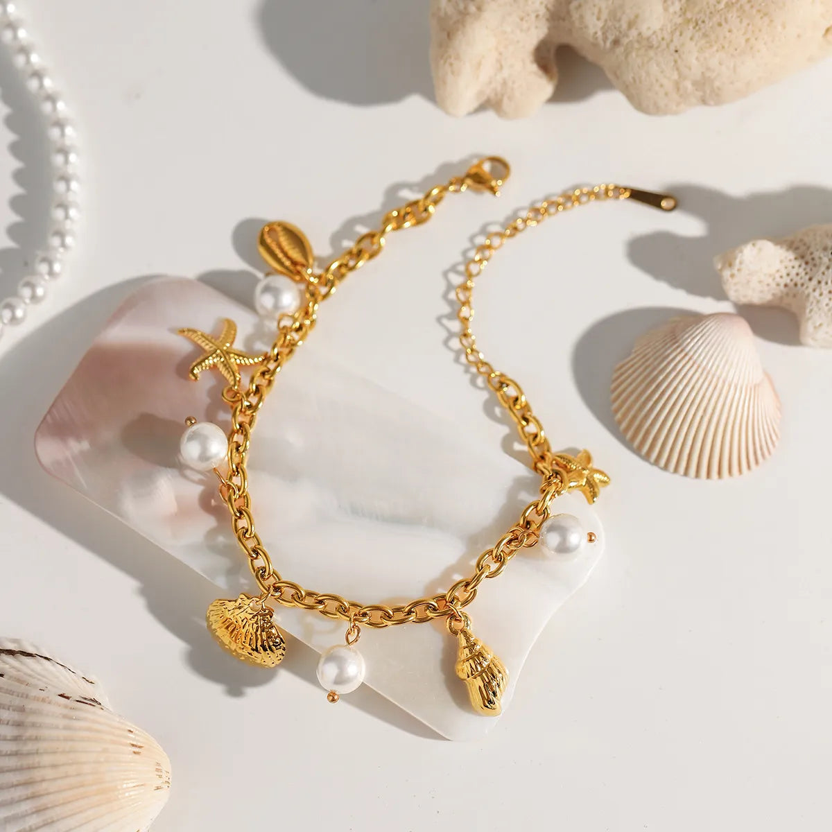 Ocean Theme Stainless Steel Chain Bracelet with Seashell and Starfish Pendants - Drazelle Store
