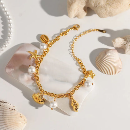 Ocean Theme Stainless Steel Chain Bracelet with Seashell and Starfish Pendants - Drazelle Store