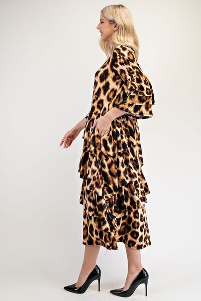 Celeste Full Size Leopard Asymmetrical Ruffle Midi Dress - Drazelle Store