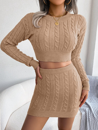 Cable-Knit Round Neck Top and Skirt Sweater Set - Drazelle Store