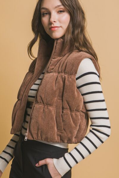 Love Tree Corduroy Zip Up Puffer Vest with Pockets - Drazelle Store