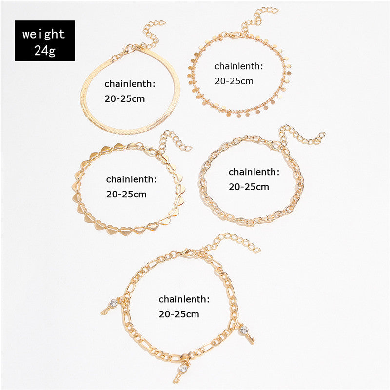 5 Pcs Gold Color Heart Crystal Key Anklets Foot Jewelry - Drazelle Store