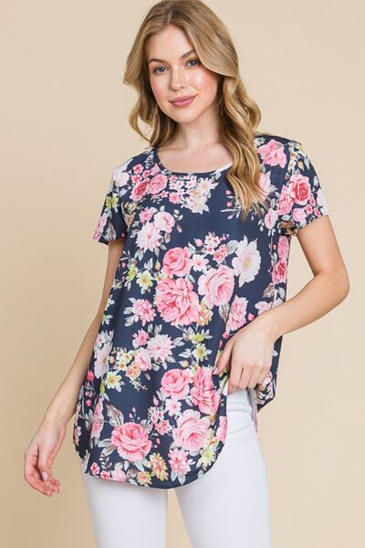 BOMBOM Floral Round Neck Short Sleeve T-Shirt - Drazelle Store