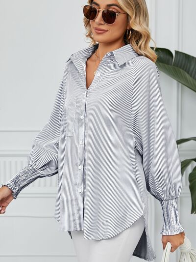 Striped Collared Neck Long Sleeve Shirt - Drazelle Store