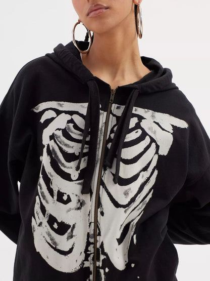 Skeleton Zip Up Drawstring Hoodie - Drazelle Store