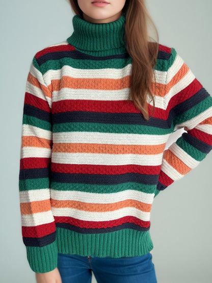 Contrast Stripes Turtleneck Long Sleeve Sweater - Drazelle Store