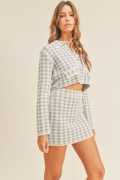 MABLE Houndstooth Cropped Knit Cardigan and Mini Skirt Set - Drazelle Store