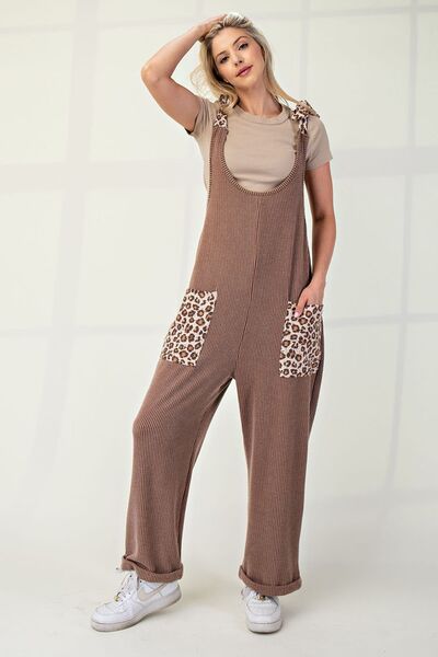 Celeste Full Size Ribbed Leopard Tied Shoulder Overalls - Drazelle Store