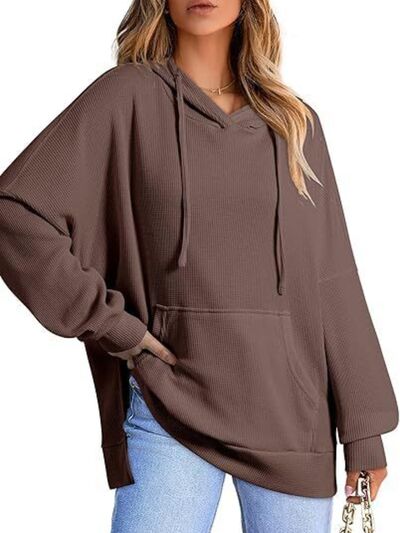 Drawstring Slit Long Sleeve Hoodie - Drazelle Store