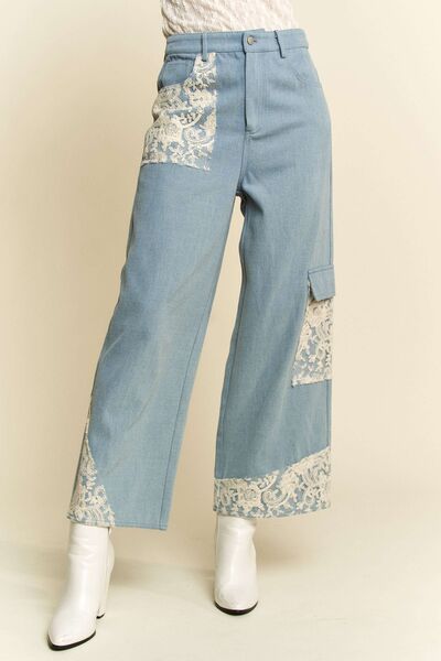 Davi & Dani Lace Applique Wide Leg Jeans - Drazelle Store