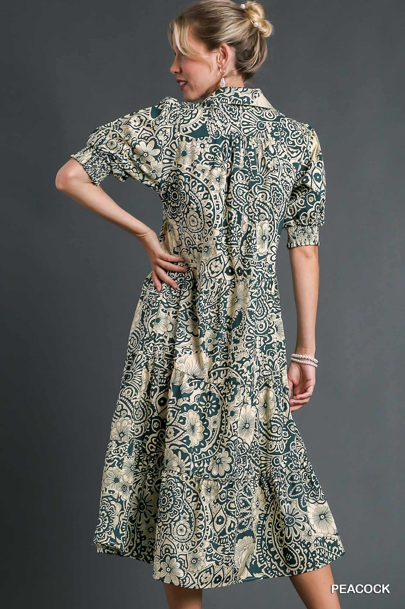 Printed Smocked Cuff Puff Sleeve Midi Dress - Drazelle Store