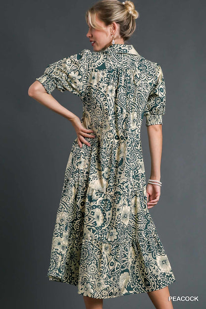 Printed Smocked Cuff Puff Sleeve Midi Dress - Drazelle Store