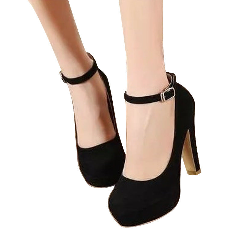 Chunky Heel Pumps Women's Black High Heels With Solid Color Buckle - Drazelle Store