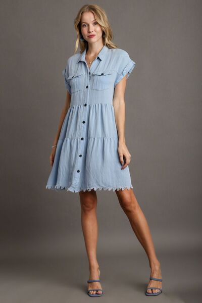 Umgee Frayed Hemline Button Down Shirt Dress - Drazelle Store