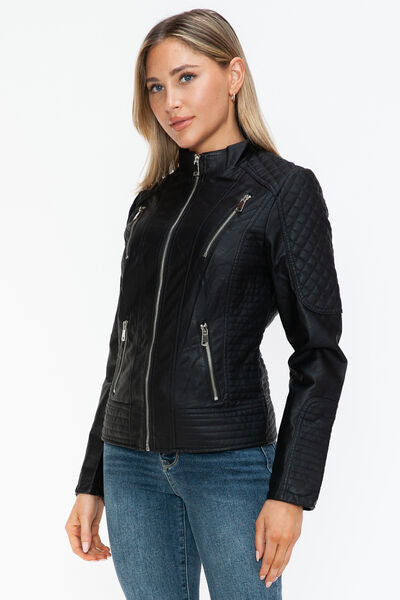 Snobbish Faux Leather Zip Up Mock Neck Jacket - Drazelle Store