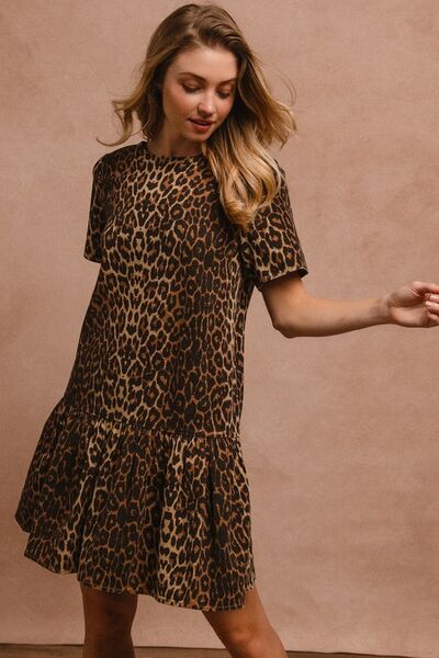 BiBi Tie Back Leopard Round Neck Short Sleeve Dress - Drazelle Store