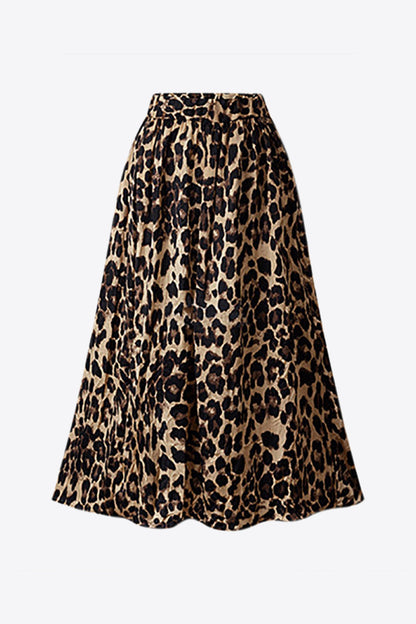 Plus Size Leopard Elastic Waist Midi Skirt - Drazelle Store