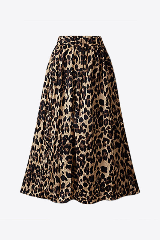 Plus Size Leopard Elastic Waist Midi Skirt - Drazelle Store