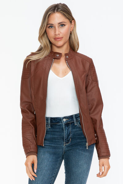 Snobbish Faux Leather Biker Jacket with Side Zip Pockets - Drazelle Store