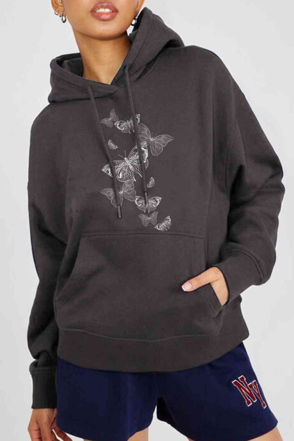 Full Size Dropped Shoulder Butterfly Graphic Hoodie - Drazelle Store