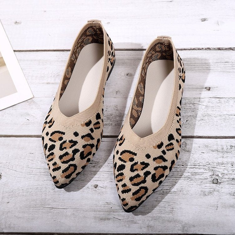 Pointed Toe Shallow Mouth Leopard Print Flat Pumps Slip-On Pumps - Drazelle Store