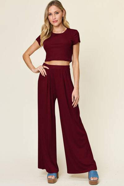 Double Take Full Size Round Neck Top and Pants Set - Drazelle Store