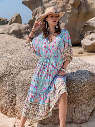 Printed Puff Sleeve Ruched Midi Dress - Drazelle Store