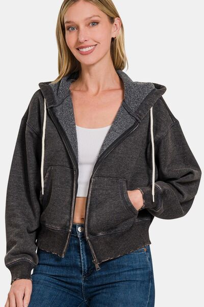 Zenana Acid Wash Fleece Zip-Up Cropped Hoodie - Drazelle Store