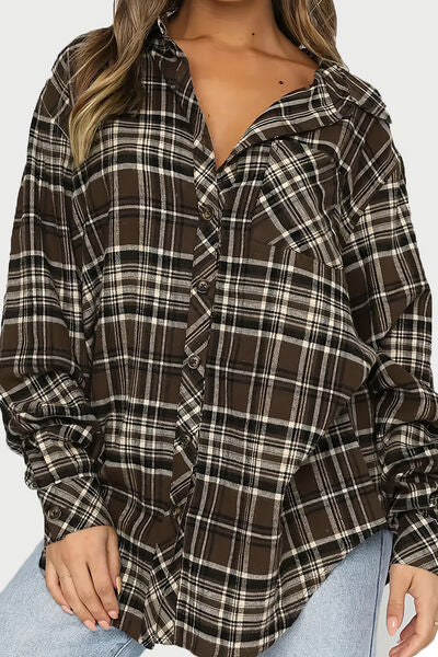 Plaid Collared Neck Long Sleeve Shirt - Drazelle Store