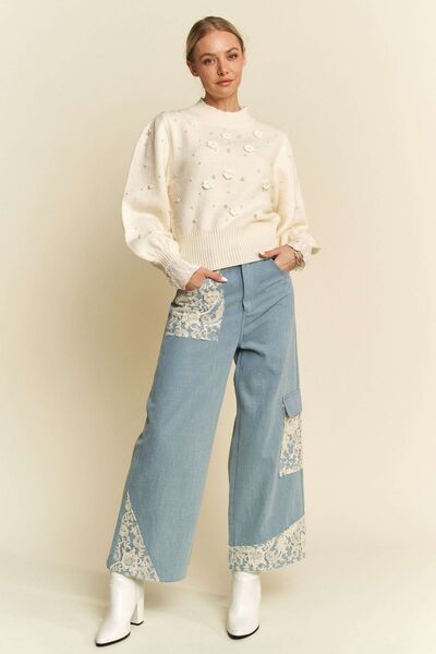 Davi & Dani Lace Applique Wide Leg Jeans - Drazelle Store