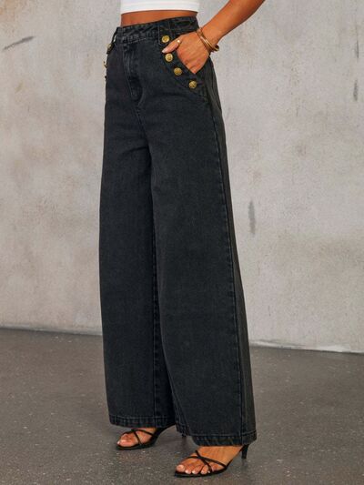 Button Decor High Rise Wide Leg Jeans  - Drazelle Store