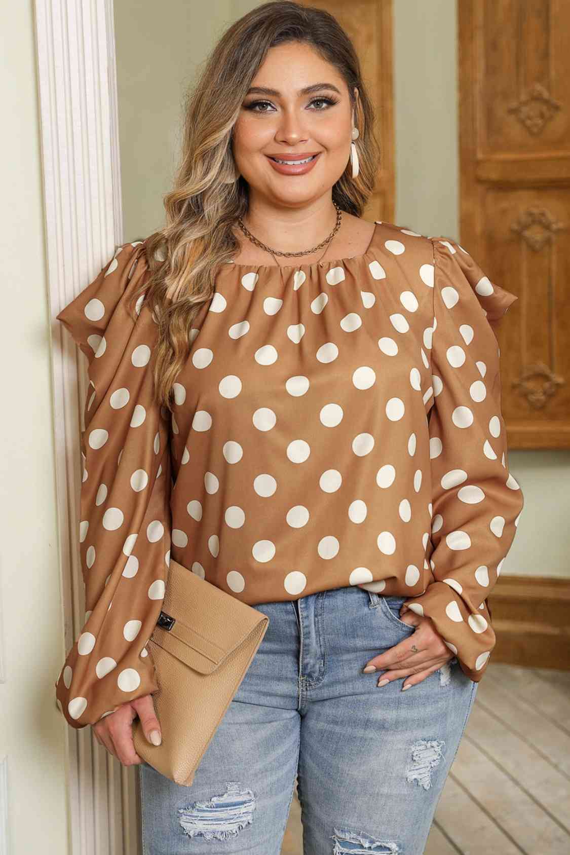 Plus Size Polka Dot Long Sleeve Blouse - Drazelle Store