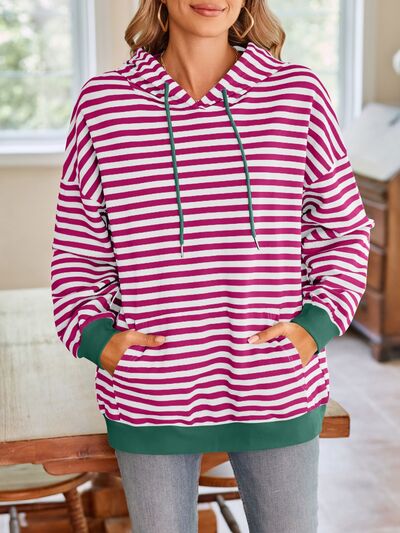 Lovelet Drawstring Striped Long Sleeve Hoodie - Drazelle Store