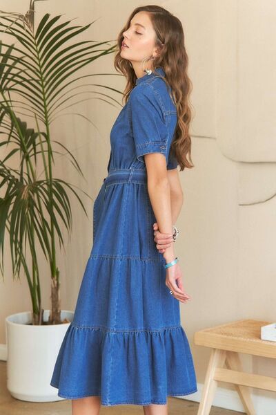 ADORA Tiered Button Down Tie Waist Short Sleeve Denim Dress - Drazelle Store