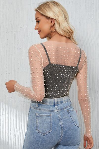 Pearl Long Sleeve Mesh Cropped Top - Drazelle Store