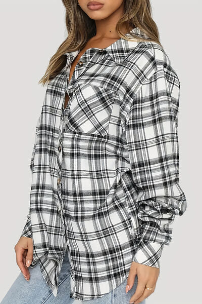 Plaid Collared Neck Long Sleeve Shirt - Drazelle Store