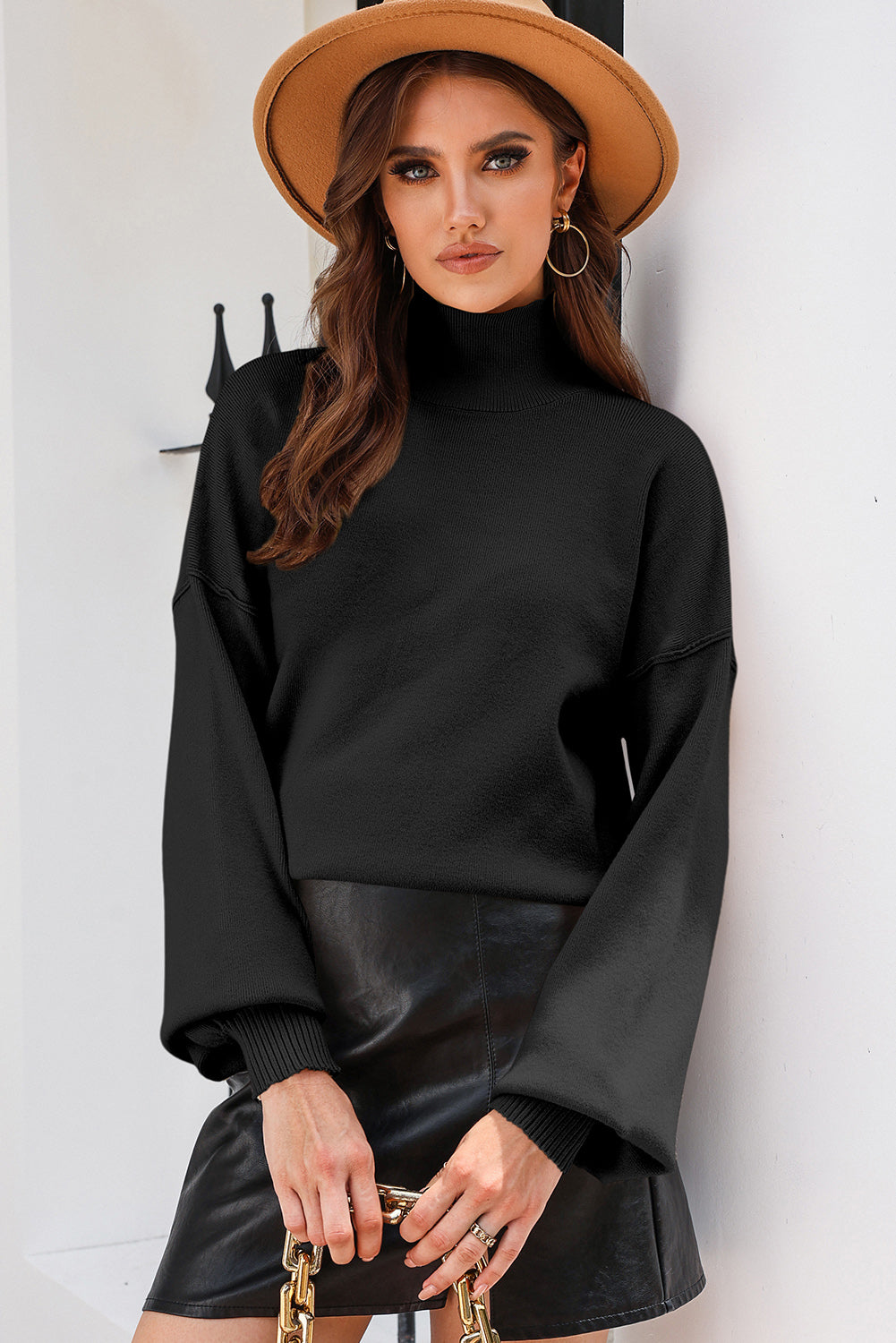 Turtleneck Lantern Sleeve Sweater - Drazelle Store