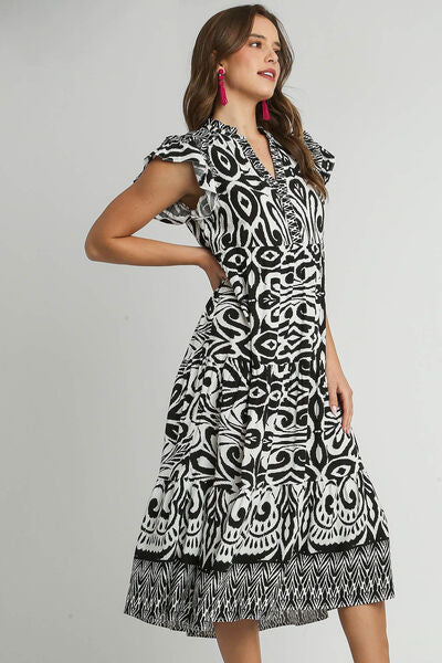 Two Tone Border Print Ruffle Cap Sleeve Midi Dress - Drazelle Store