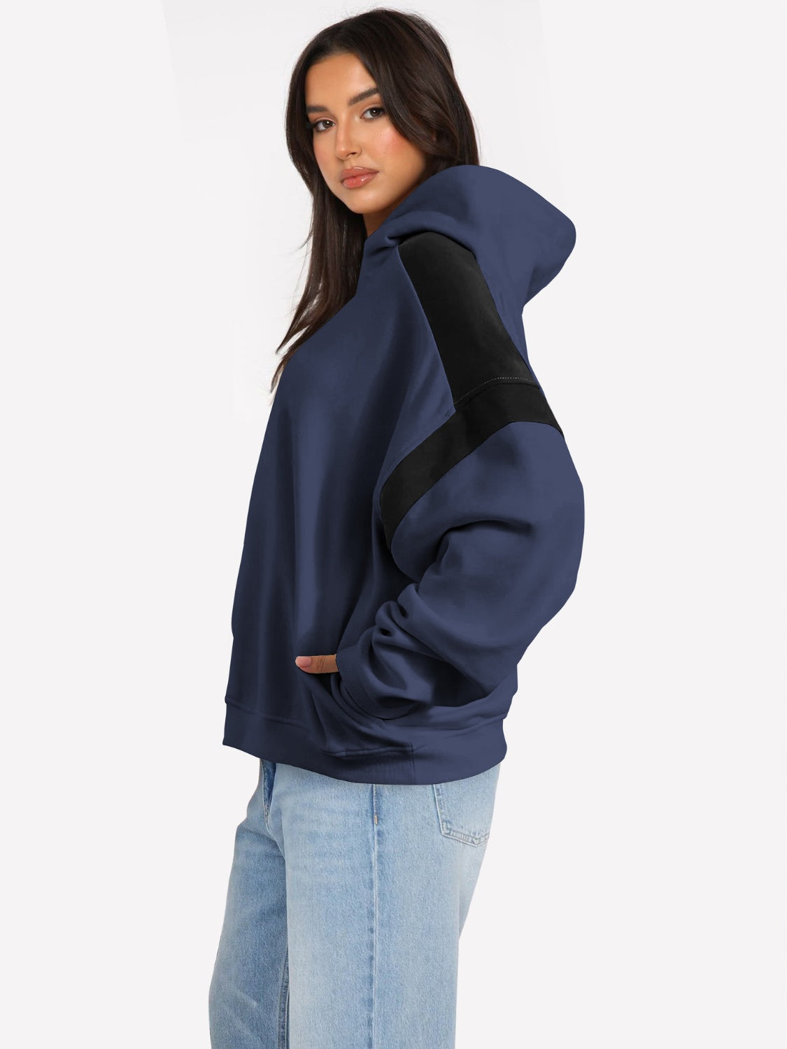 Contrast Dropped Shoulder Long Sleeve Hoodie - Drazelle Store